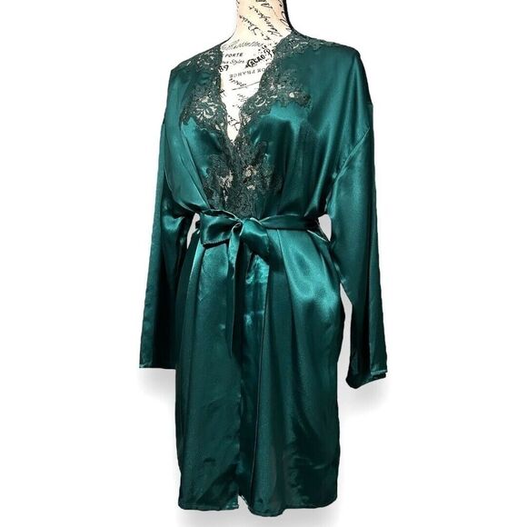 Victoria’s Secret OS Satin Kimono Robe Emerald Green Lace Trim Gold Label VTG - Picture 4 of 14